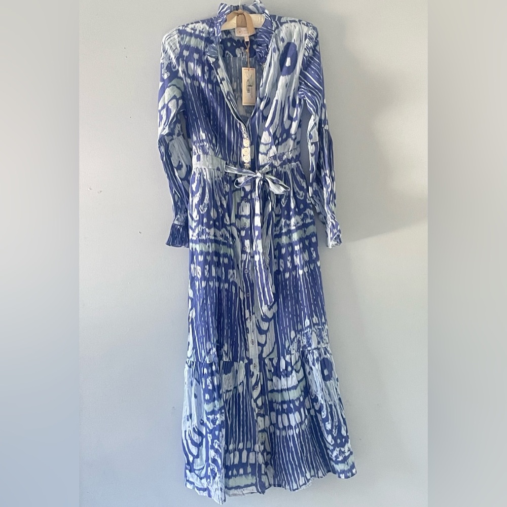 Sheridan French Britt Dress In Blue Moroccan IKat Size XSmall Long Sleeve NWT